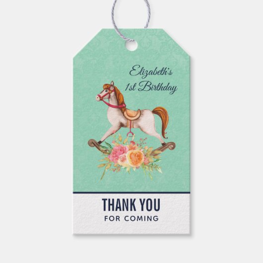  Rocking Horse met Floral Bouquet Birthday Cadeaulabel (Voorkant)