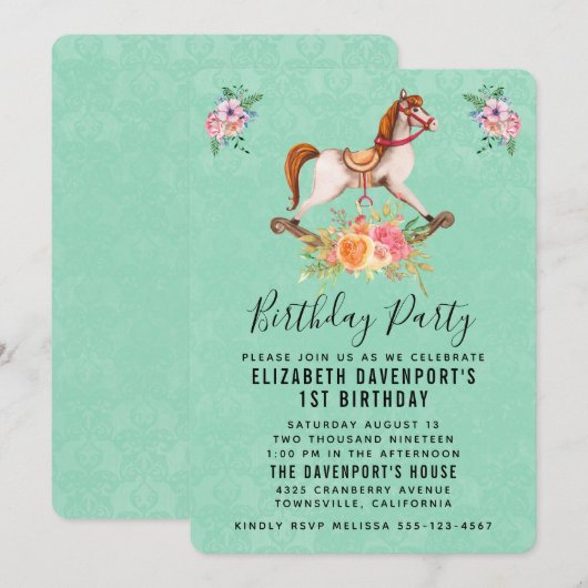 Rocking Horse met Floral Bouquet Birthday Kaart (Voorkant / Achterkant)