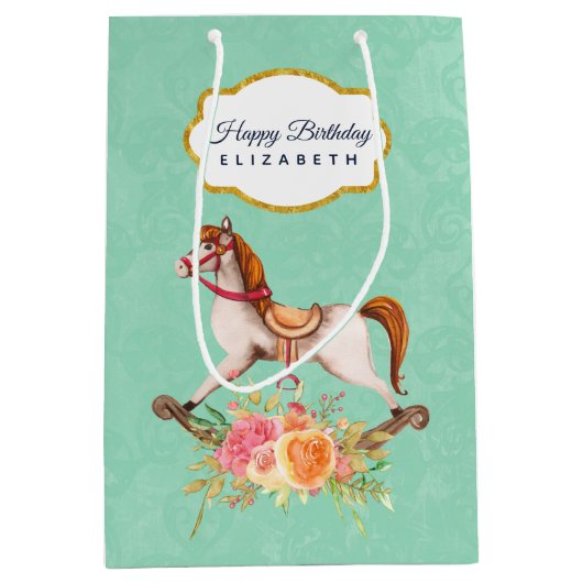 Rocking Horse met Floral Bouquet Birthday Medium Cadeauzakje (Voorkant)