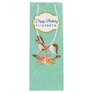 Rocking Horse met Floral Bouquet Birthday Wijn Cadeautas