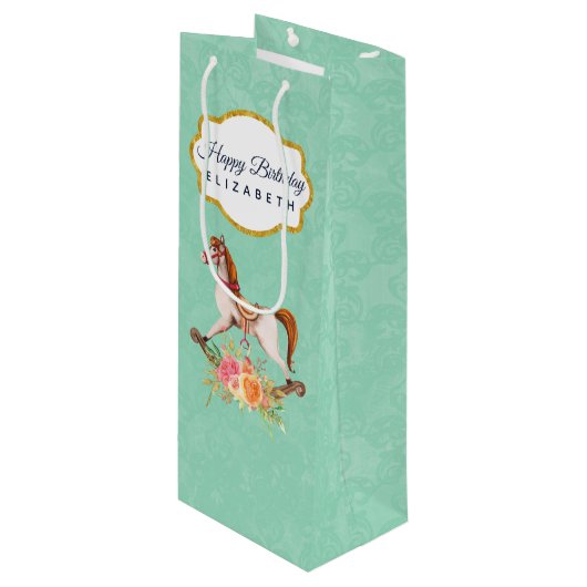  Rocking Horse met Floral Bouquet Birthday Wijn Cadeautas (Voorkant Gekanteld)