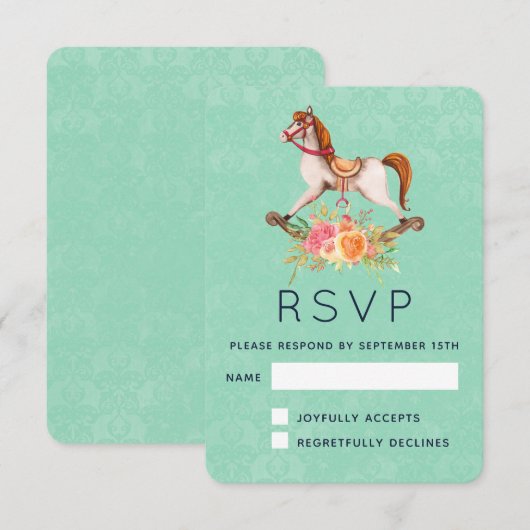  Rocking Horse met Floral Bouquet RSVP Kaartje (Voorkant / Achterkant)