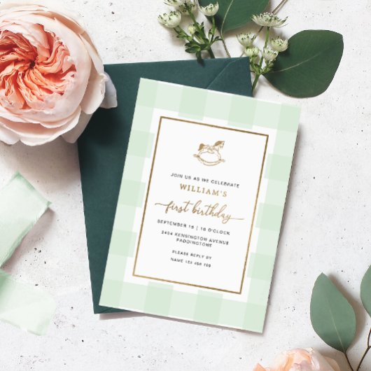 Rocking Horse Mint Gingham Birthday Folie Invite Folie Uitnodiging
