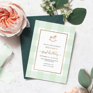 Rocking Horse Mint Gingham Birthday Folie Invite Uitnodiging