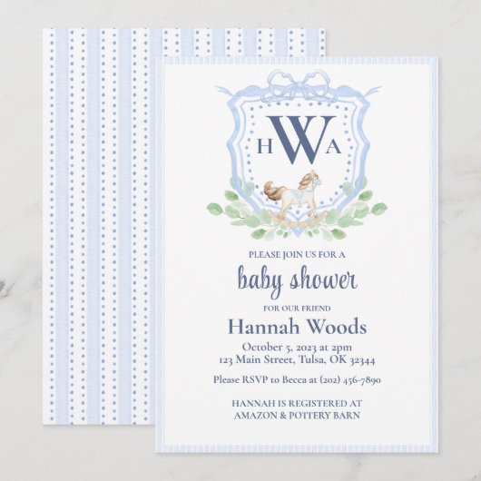 Rocking Horse Monogram Grandmillennial Baby shower Kaart (Voorkant / Achterkant)