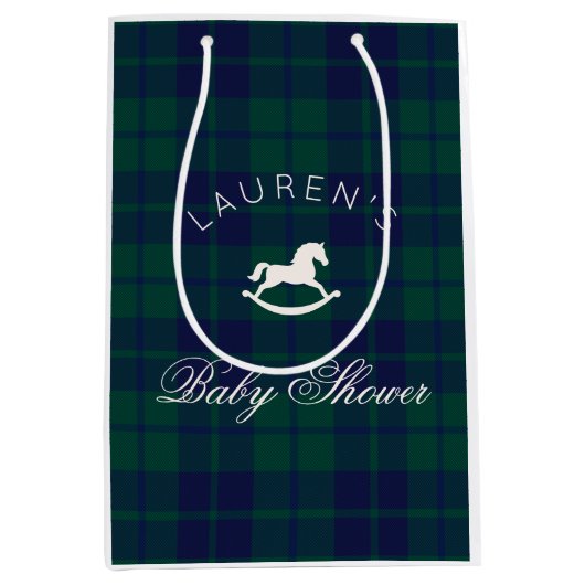  Rocking Horse Navy Plaid Baby shower Medium Cadeauzakje (Voorkant)