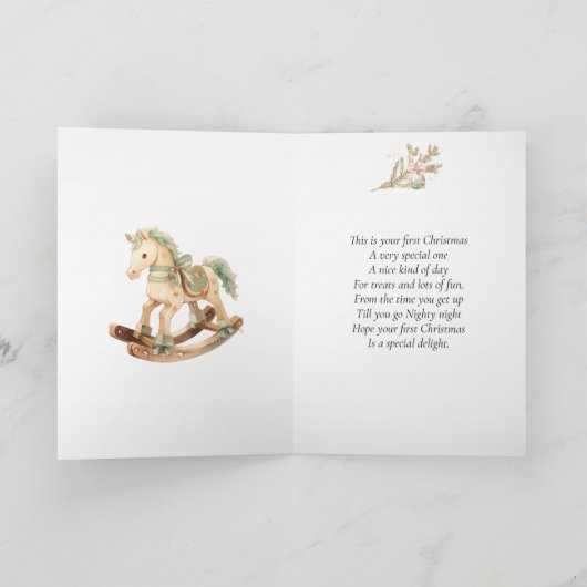 Rocking Horse Pine Baby 1e Kerstmis Feestdagen Kaart (Binnen)