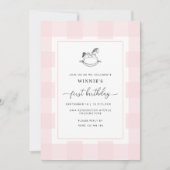 Rocking Horse Pink Gingham 1e verjaardag Uitnodigi Kaart (Voorkant)