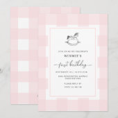 Rocking Horse Pink Gingham 1e verjaardag Uitnodigi Kaart (Voorkant / Achterkant)