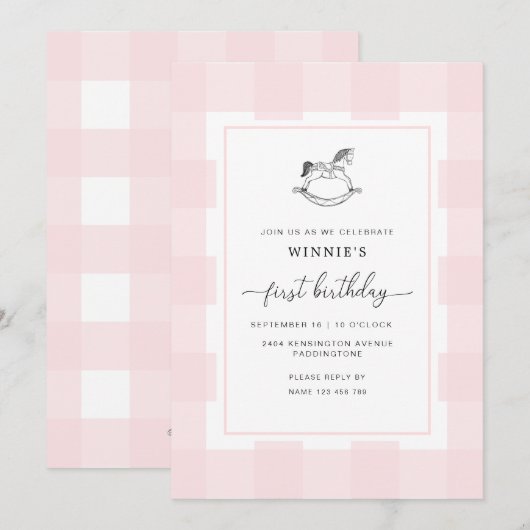 Rocking Horse Pink Gingham 1e verjaardag Uitnodigi Kaart (Voorkant / Achterkant)