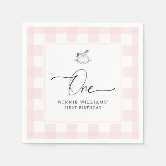 Rocking Horse Pink Gingham 1ste verjaardag Napkins Servet (Voorkant)