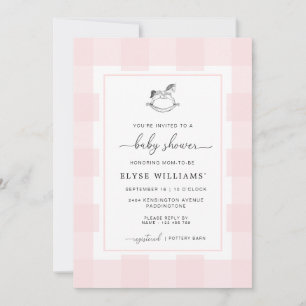 Rocking Horse Pink Gingham Baby shower Invitation Kaart