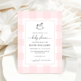 Rocking Horse Pink Gingham Baby shower Invitation Kaart