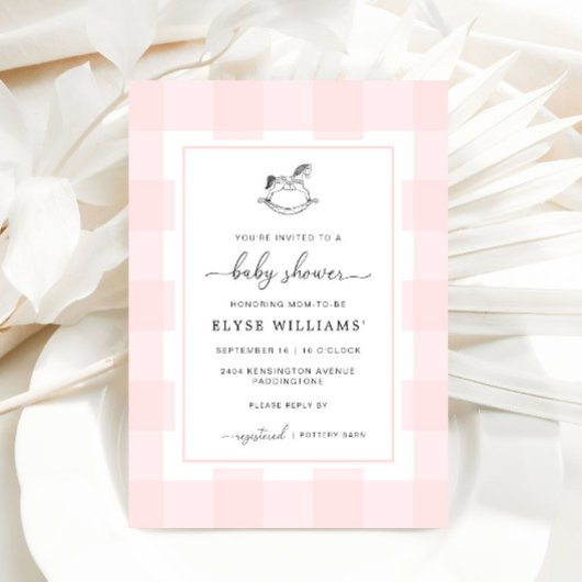 Rocking Horse Pink Gingham Baby shower Invitation Kaart
