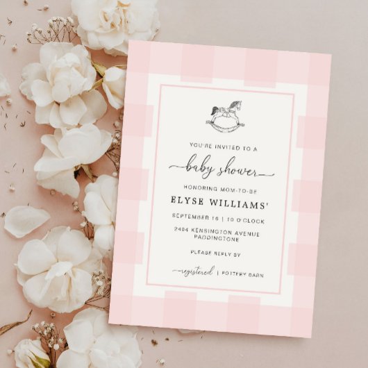 Rocking Horse Pink Gingham Baby shower Invitation Kaart