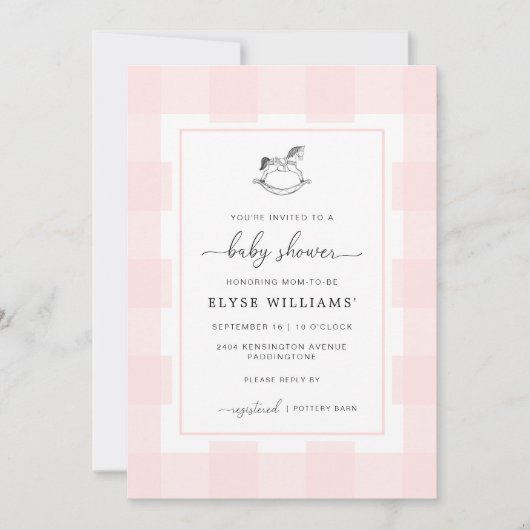 Rocking Horse Pink Gingham Baby shower Invitation Kaart (Voorkant)