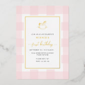Rocking Horse Pink Gingham Birthday Folie Invite Folie Uitnodiging (Voorkant)