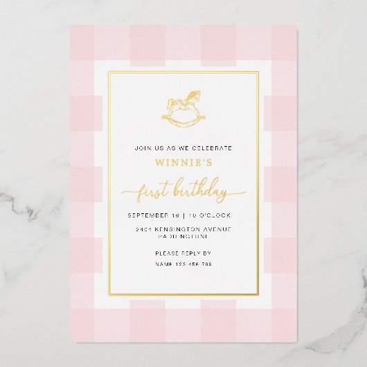 Rocking Horse Pink Gingham Birthday Folie Invite Folie Uitnodiging (Voorkant)