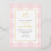 Rocking Horse Pink Gingham Birthday Folie Invite Uitnodiging (Voorkant)