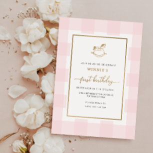 Rocking Horse Pink Gingham Birthday Folie Invite Uitnodiging