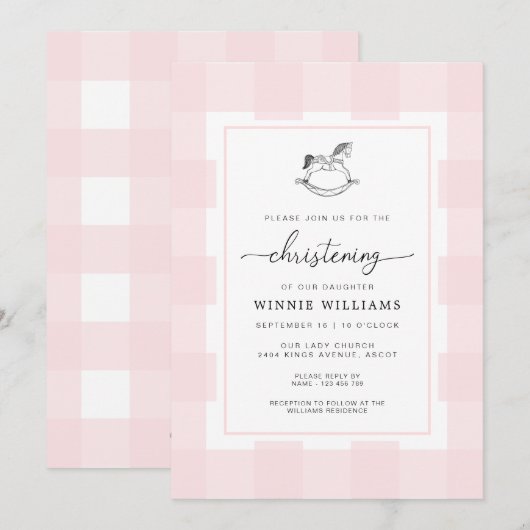 Rocking Horse Pink Gingham Christening Kaart (Voorkant / Achterkant)