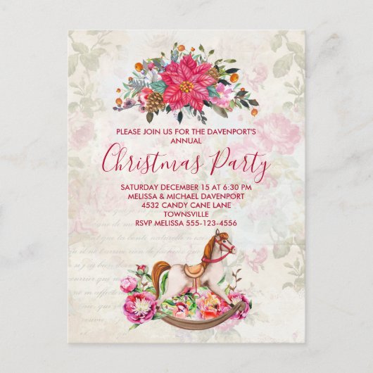Rocking Horse & Poinsettia Kerstfeest Briefkaart (Voorkant)