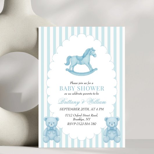 Rocking Horse Preppy Beer Blauw Baby shower Kaart