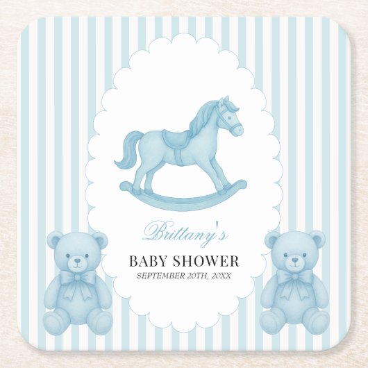 Rocking Horse Preppy Beer Blauw Baby shower Kartonnen Onderzetters (Voorkant)