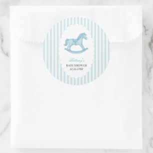 Rocking Horse Preppy Beer Blauw Baby shower Ronde Sticker