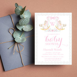 Rocking Horse Roze Monogram Coquette Baby shower Kaart