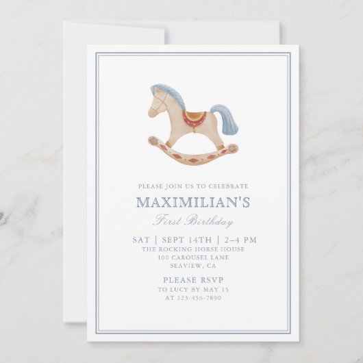 Rocking Horse, Waterverf Baby Verjaardagsuitnodigi Kaart (Voorkant)