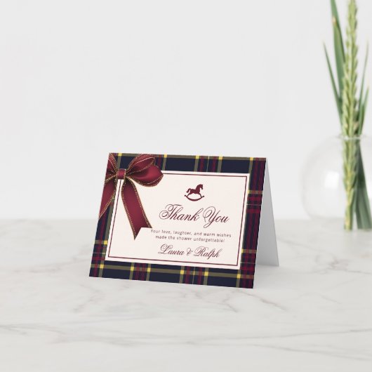 Rocking Horse Winter Bourgondië Plaid Baby shower Bedankkaart (Voorkant)