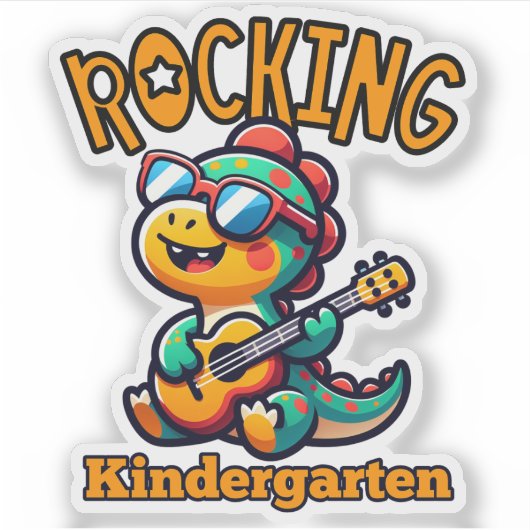 Rocking Kindergarten Dinosaur with guitar  Sticker (Voorkant)