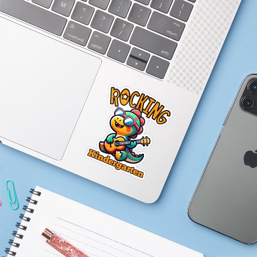 Rocking Kindergarten Dinosaur with guitar  Sticker (Laptop met iPhone)