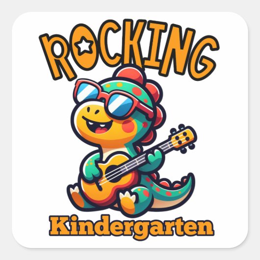 Rocking Kindergarten Dinosaur with guitar Vierkante Sticker (Voorkant)