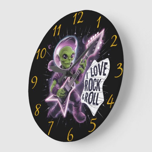 Rocking out cartoon groen-skinned ruimte buitenaar grote klok (Hoek)