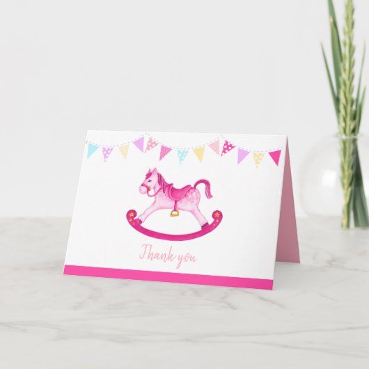 Rocking paard meisje roze baby shower dank u kaart (Voorkant)