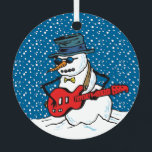 Rocking Snowman die gitaar speelt Metalen Ornament<br><div class="desc">Deze versiering heeft een schommelende sneeuwman met een zonnebril en een gitaar in de sneeuw.</div>