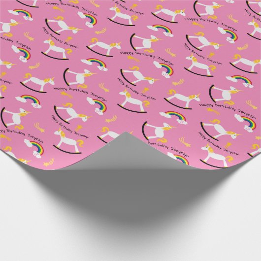 Rocking Unicorns Rainbows Custom Name and Age Cadeaupapier (Hoek)