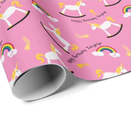 Rocking Unicorns Rainbows Custom Name and Age Cadeaupapier (Rol Hoek)