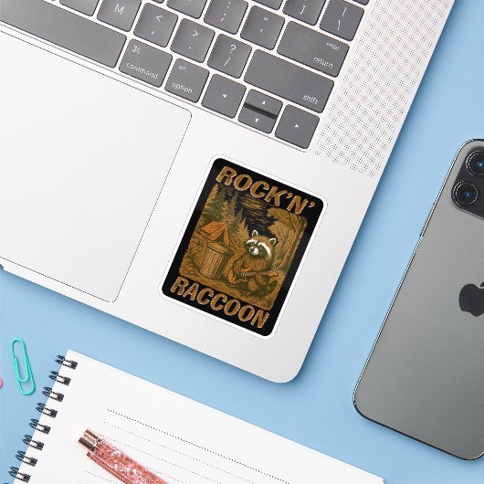 Rock'n' Raccoon Black Sticker (Laptop met iPhone)