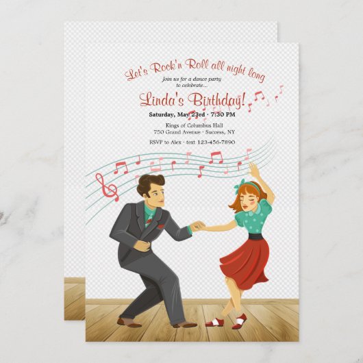 Rock'n Roll Dance Party Invitation Kaart (Voorkant / Achterkant)