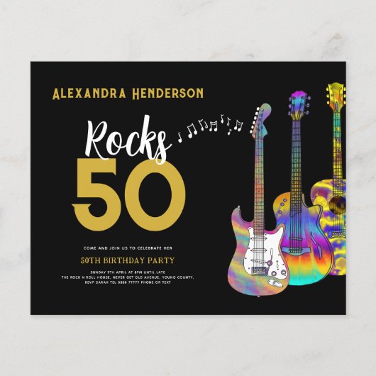Rocks 50 Guitar 50th Birthday Party Budget Flyer (Voorkant)