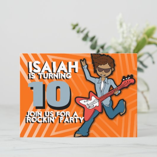 Rockstar boy 10e verjaardag sinaasappel blauw uitn kaart (Staand voorkant)