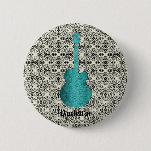 Rockstar Damask Guitar Button, Turquoise Ronde Button 5,7 Cm (Voorkant)