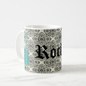 Rockstar Damask Guitar Mok, Turquoise Koffiemok (Voorkant links)