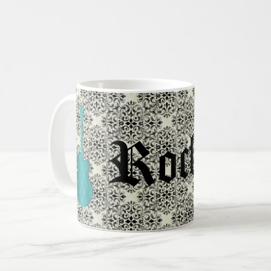Rockstar Damask Guitar Mok, Turquoise Koffiemok (Voorkant links)