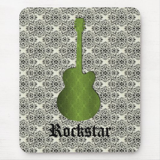 Rockstar Damask Guitar Mousepad, Olive Green Muismat (Voorkant)