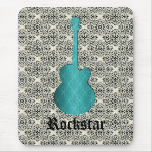 Rockstar Damask Guitar Mousepad, Turquoise Muismat