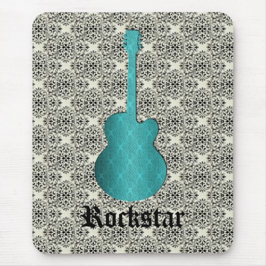 Rockstar Damask Guitar Mousepad, Turquoise Muismat (Voorkant)
